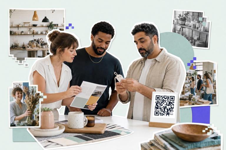 Three people in a shop discussing a brochure with a QR code sign on the table., how to make a qr code free