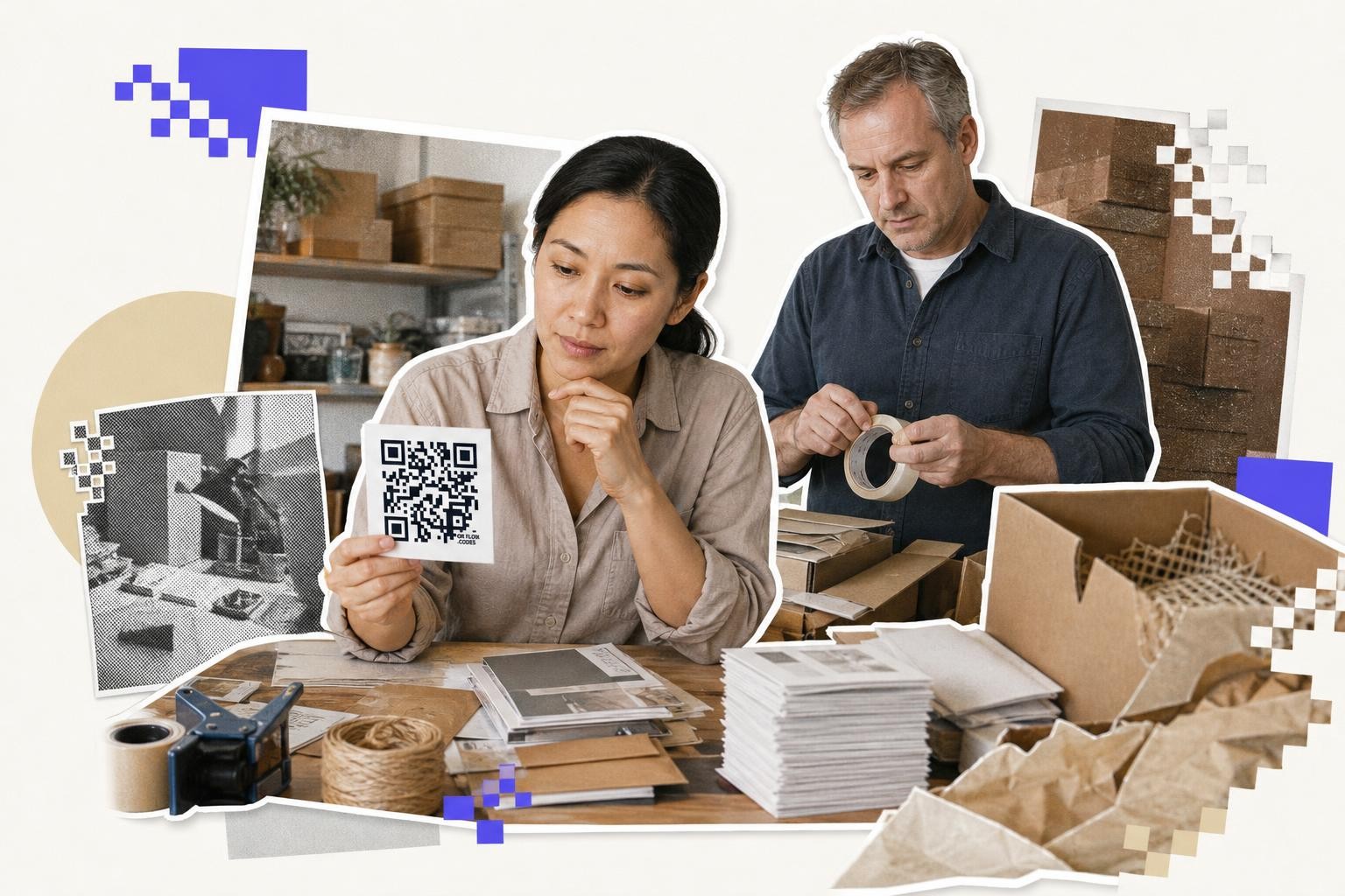 Two people in a workspace with packaging materials, one holding a QR code card.
