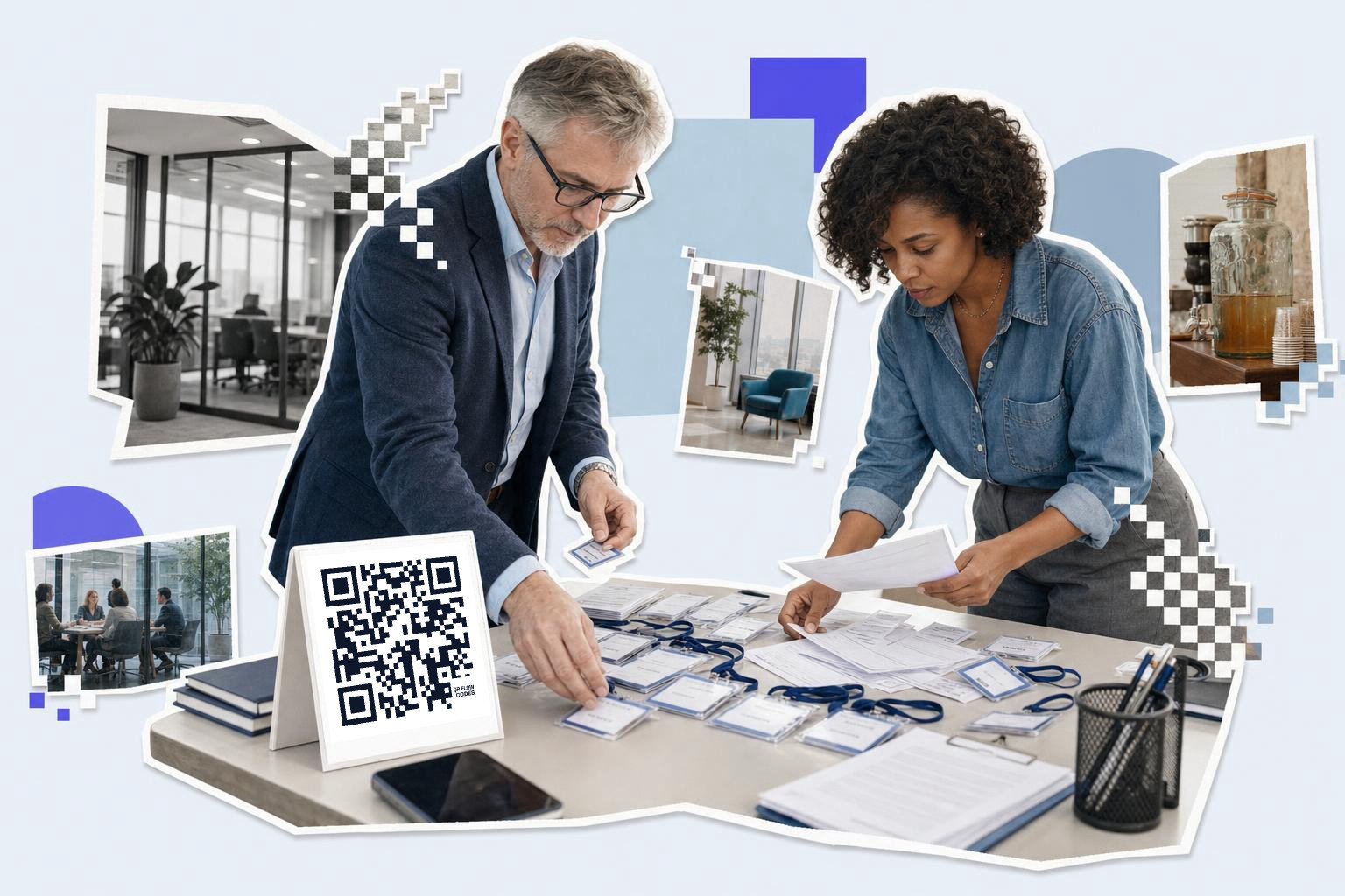 Two people organizing name tags on a table with a QR code card about sharing a Zoom meeting link.