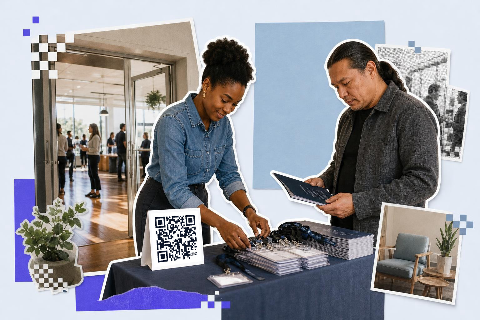 Two people at a table with name tags and a QR code card, in a conference setting.