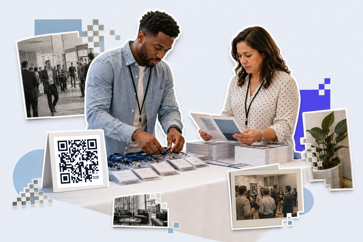 Two people at a table organizing name badges with a QR code sign nearby in a conference setting.