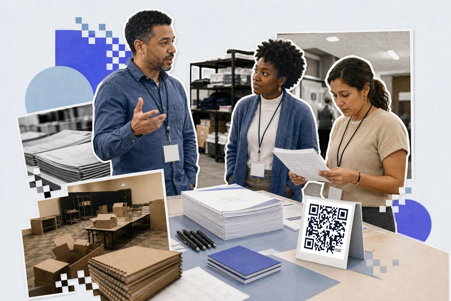 Three people in a warehouse setting discussing documents with a QR code on a table.