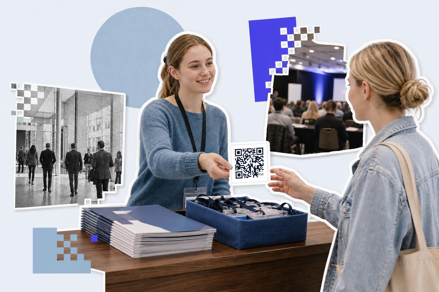 Two women exchanging a QR code card at a conference registration desk with brochures and lanyards.