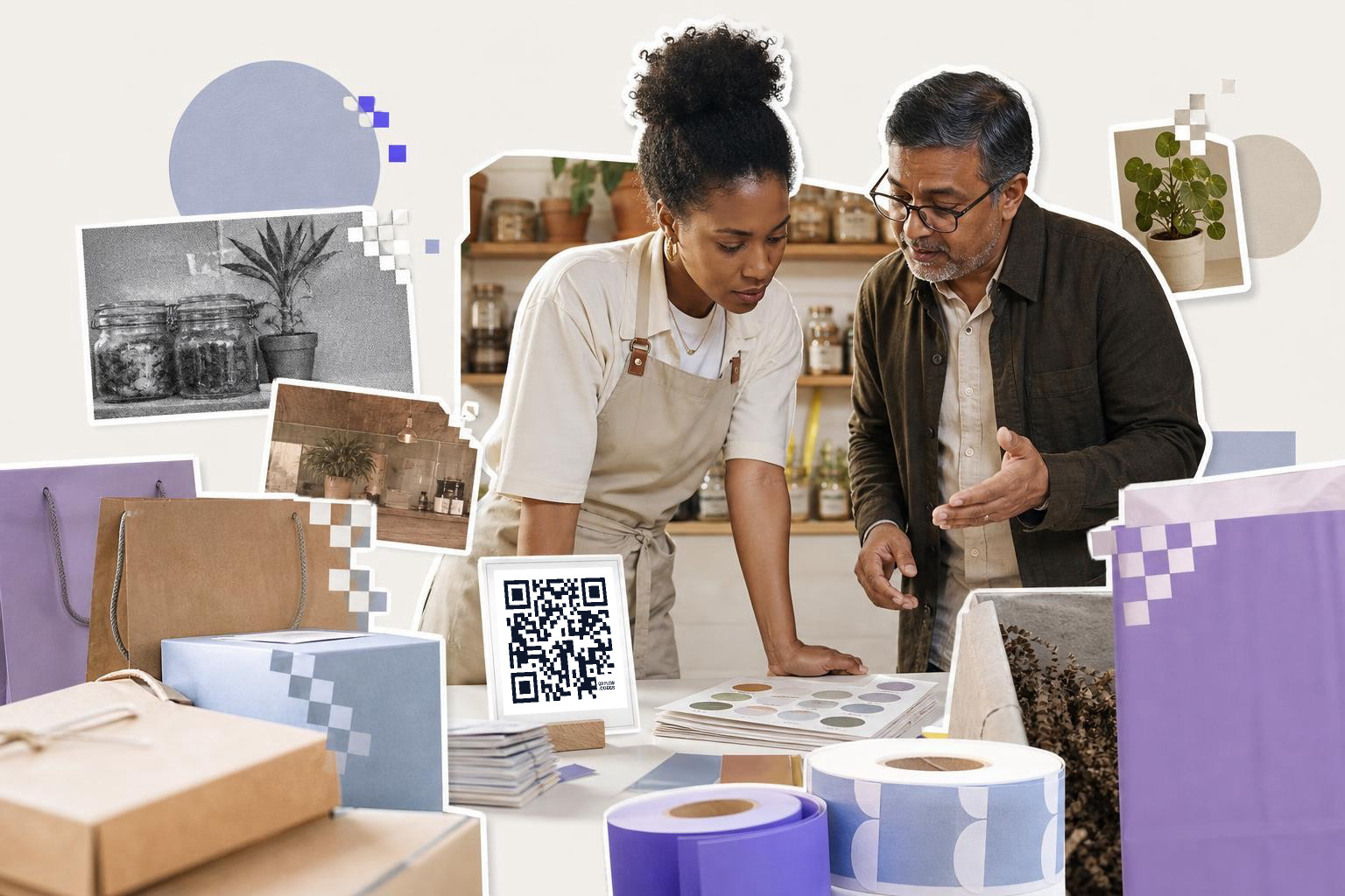 Two people discussing color samples at a table with a QR code card and packaging materials.