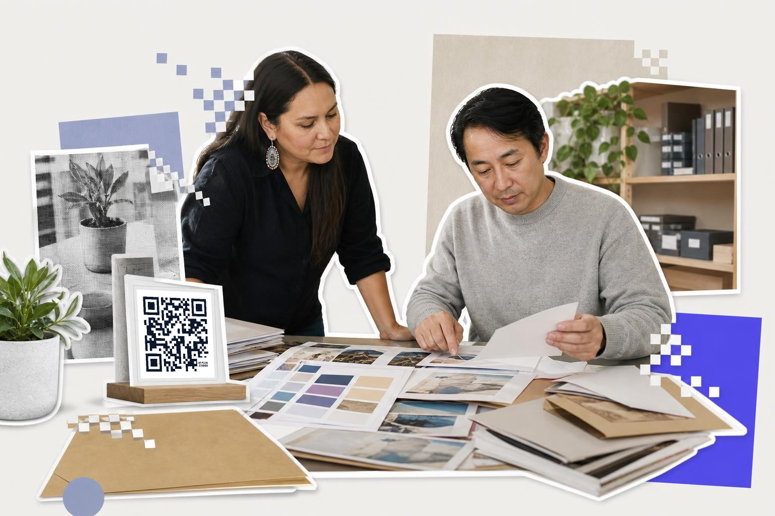 Two people reviewing design materials at a table with a QR code on a stand.