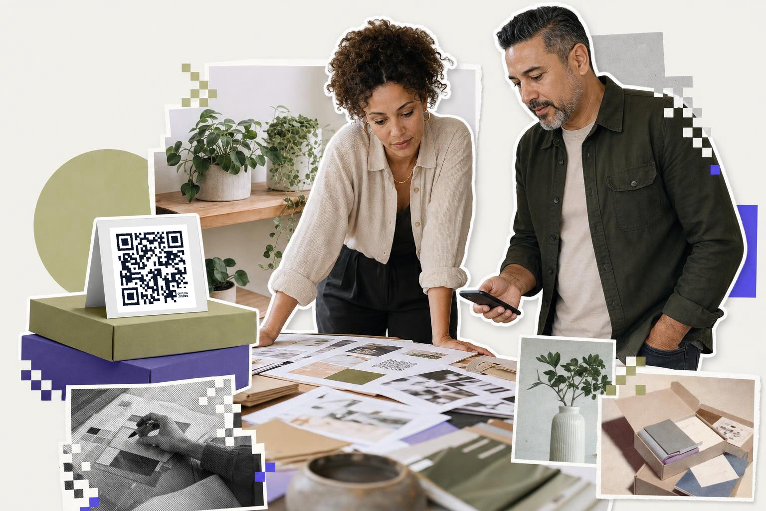 Two people reviewing design prints with a QR code card labeled 'best paid QR code generator' on a table.