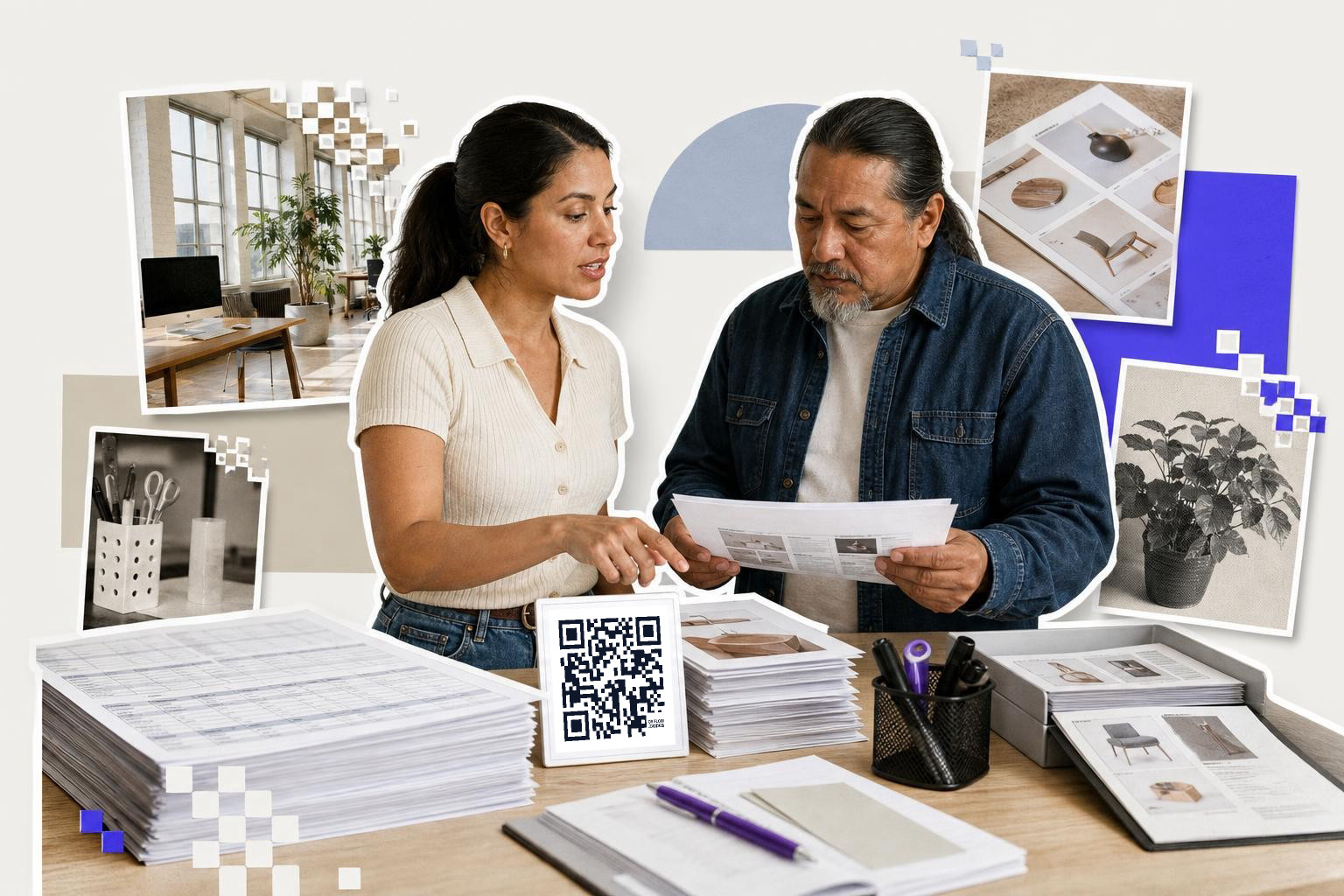 Two people reviewing documents at a desk with a QR code card and various photos around them.