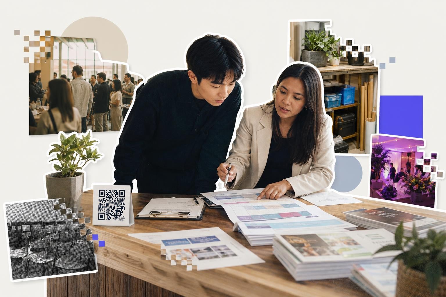 Two people reviewing documents at a table with a QR code card and various photos around them.