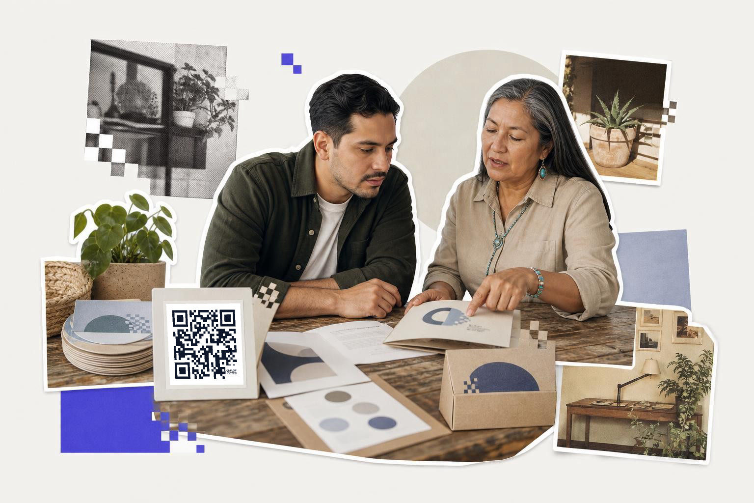 Two people at a table reviewing documents with a QR code card nearby, surrounded by plant images.