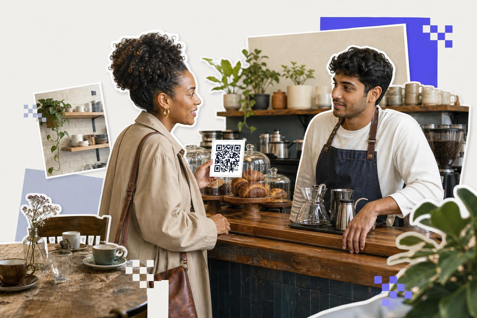 Woman holding QR code card talking to barista in cozy cafe with plants and pastries.