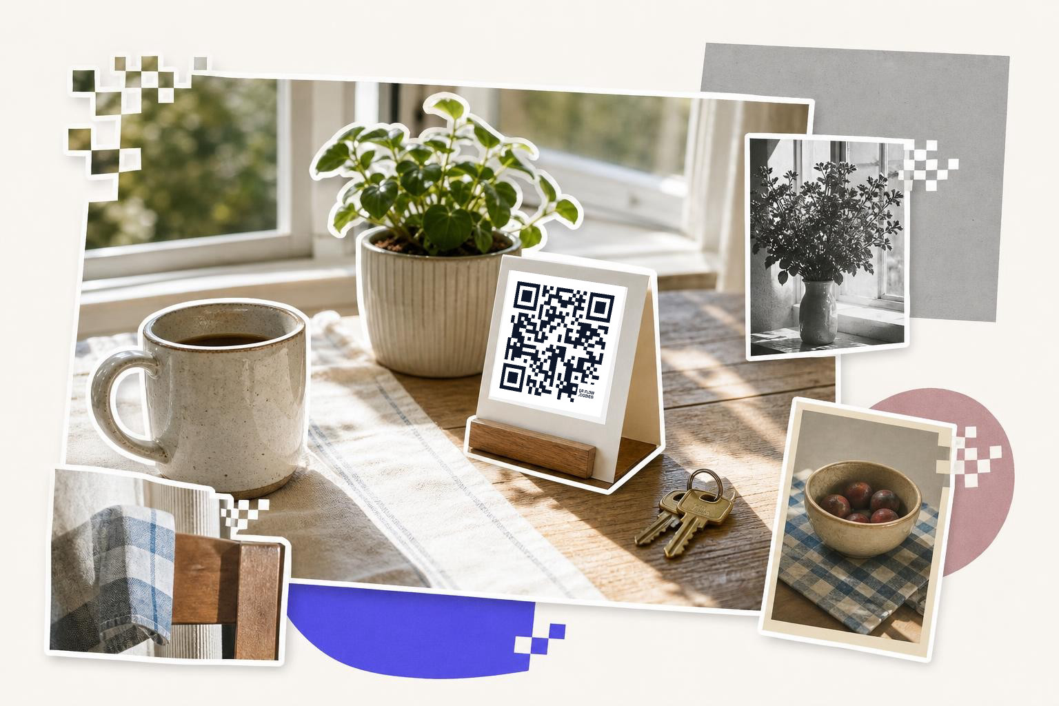 Coffee mug, plant, QR code card on table with keys, framed photos of flowers and fruit bowl nearby.