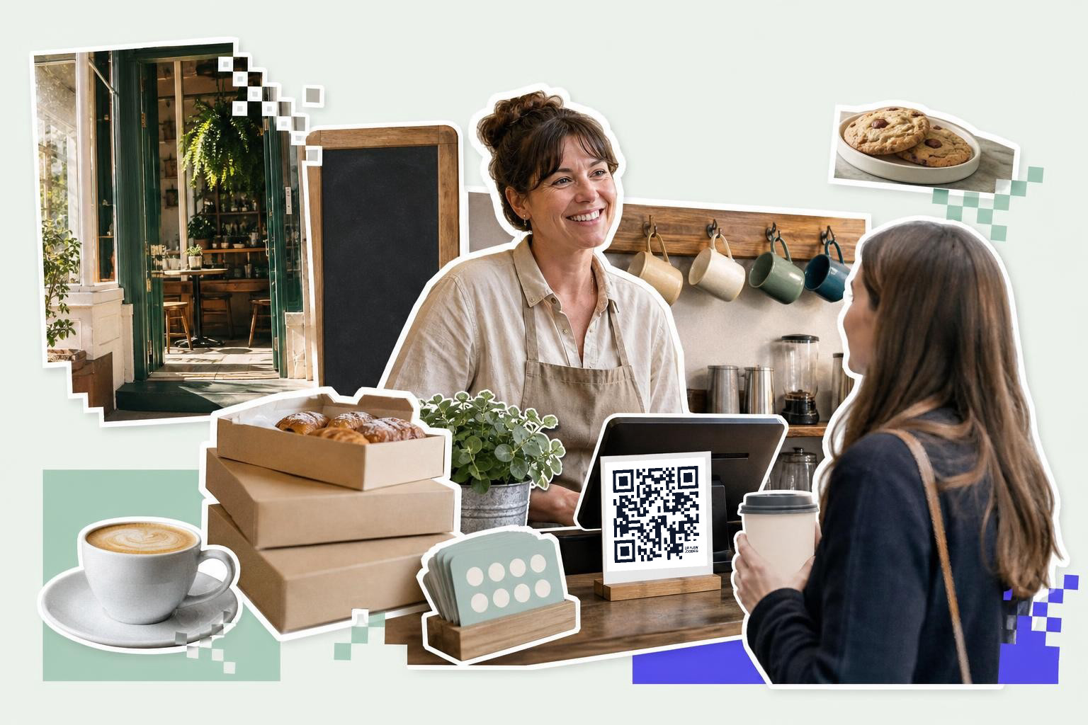 Barista smiling at customer holding coffee cup with QR code on counter in cozy cafe setting.