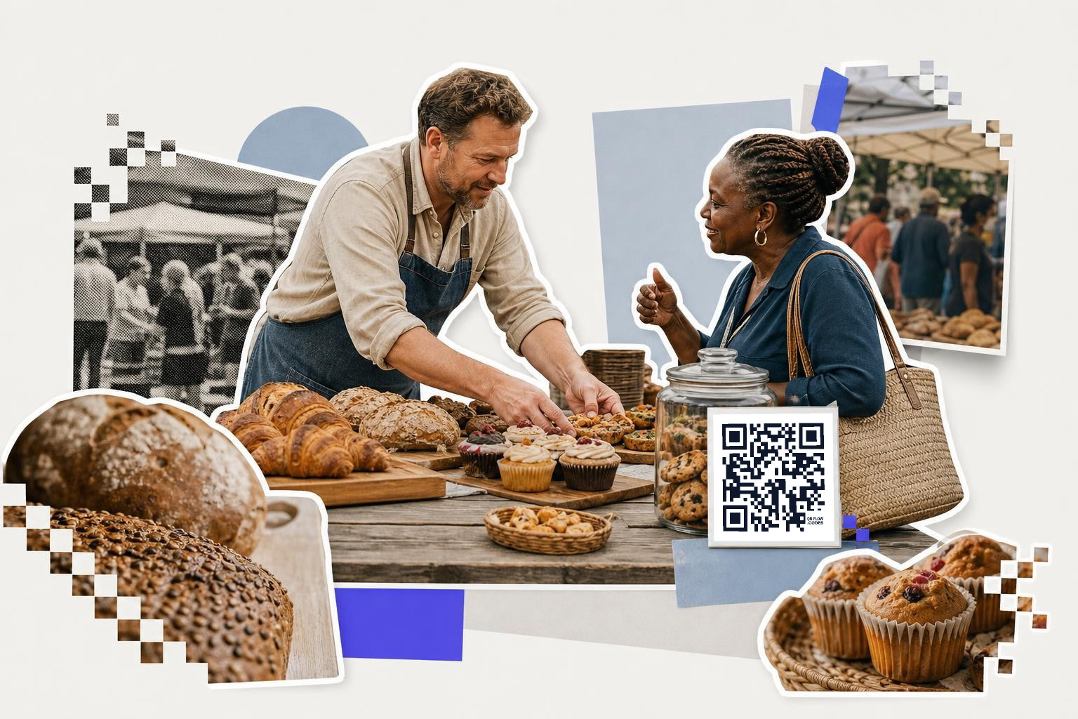 Man and woman at a market stall with baked goods and a QR code card on the table.