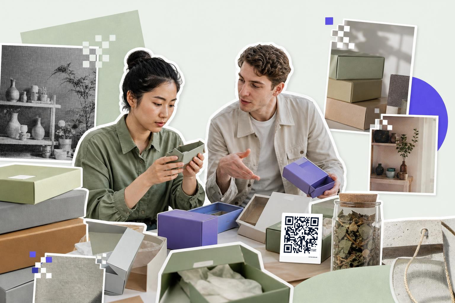 Two people examining boxes at a table with a QR code card and various packaging around them.
