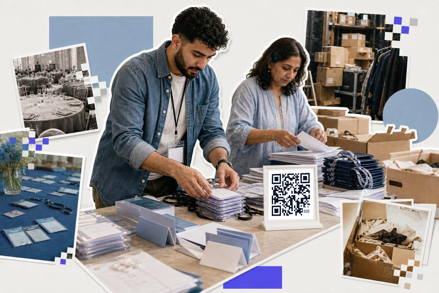 Two people organizing event materials at a table with a QR code sign and boxes around them.