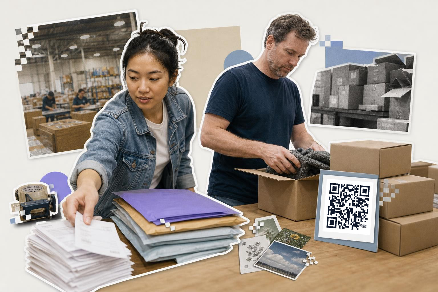 Two people packing boxes at a table with a QR code sign and warehouse photos.