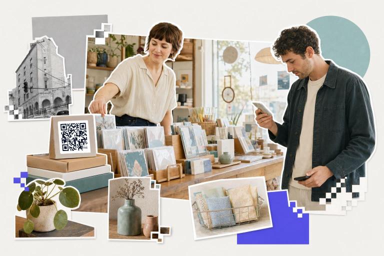 Two people in a store with a QR code card on a box, exploring marketing ideas.
