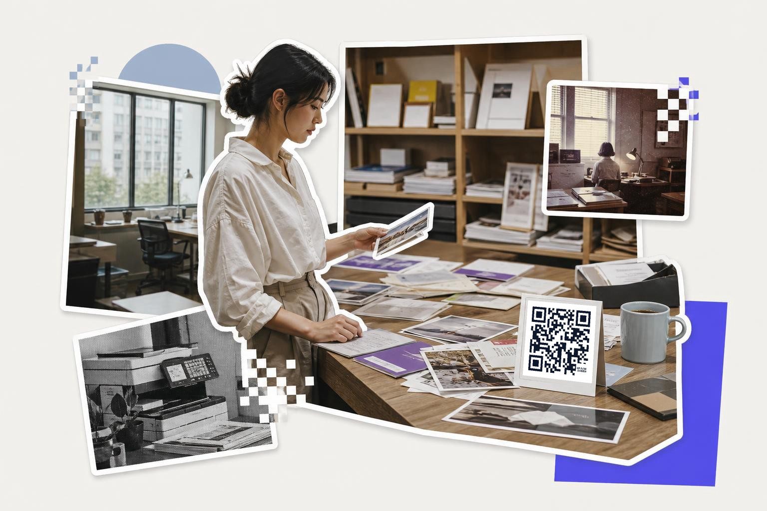 Woman examining photographs on a table with a QR code card and bookshelves in the background.