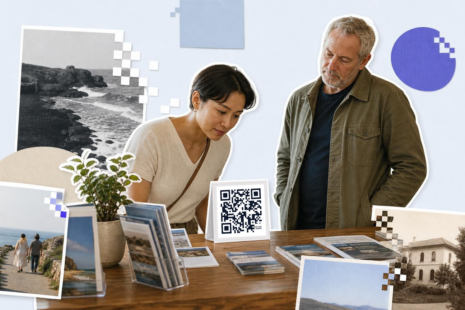 Two people examining brochures on a table with a QR code card and plant nearby.