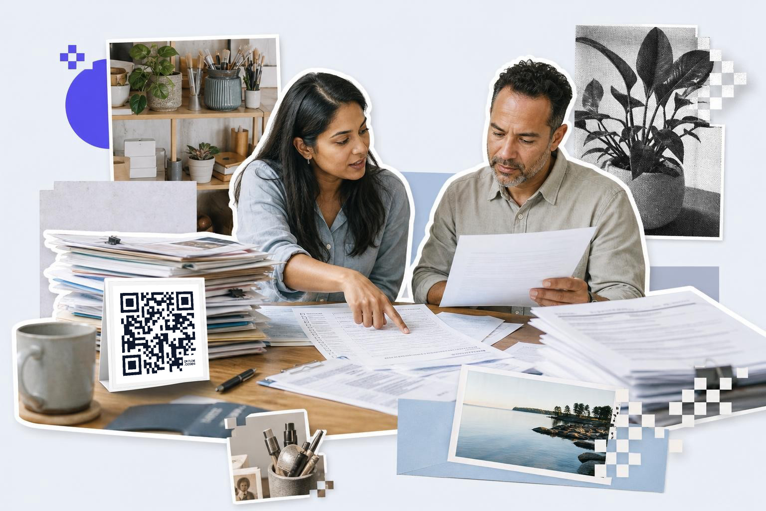Two people reviewing documents at a desk with a QR code card and various photos around them.