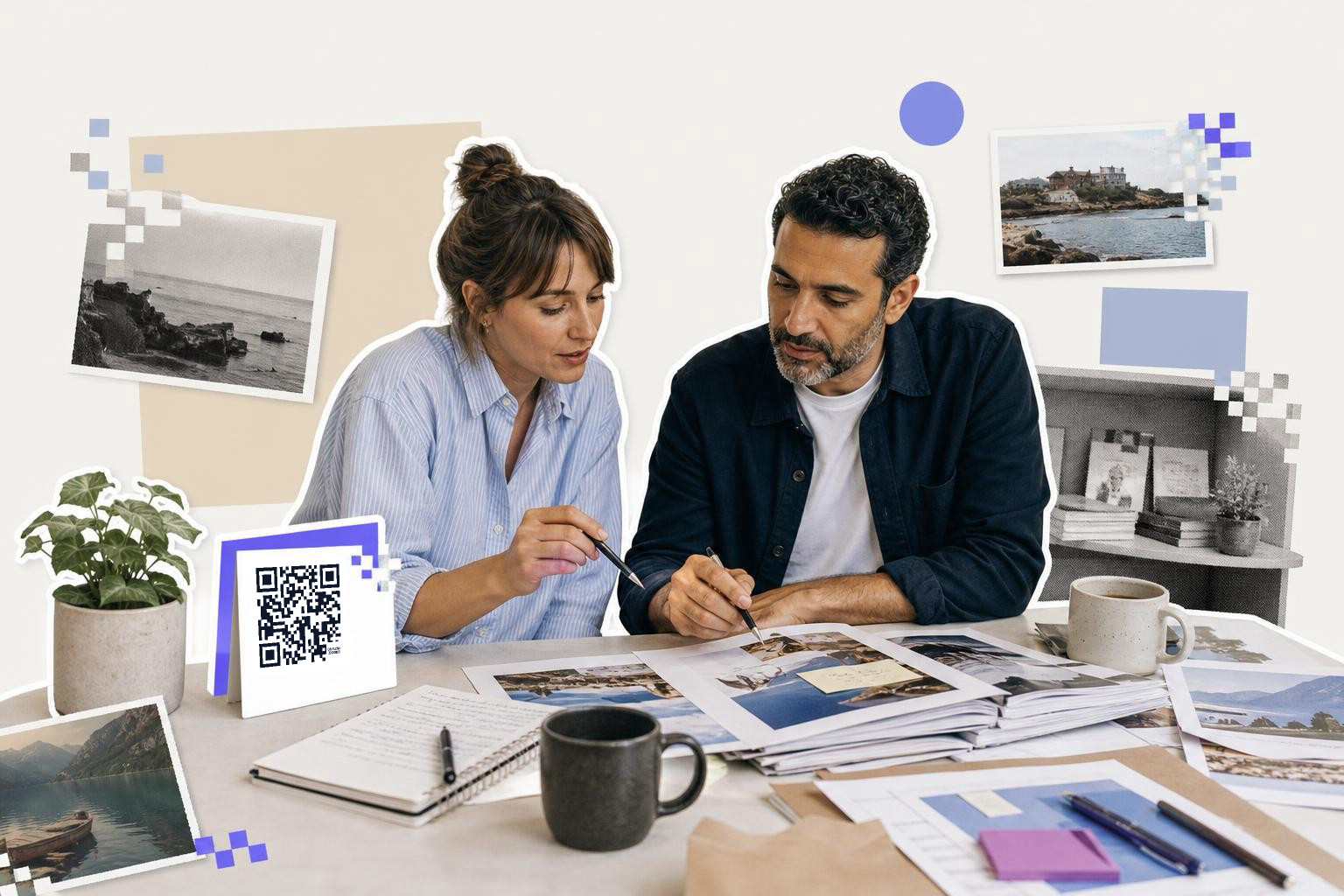 Two people reviewing photographs at a table with a QR code card and coffee mugs.
