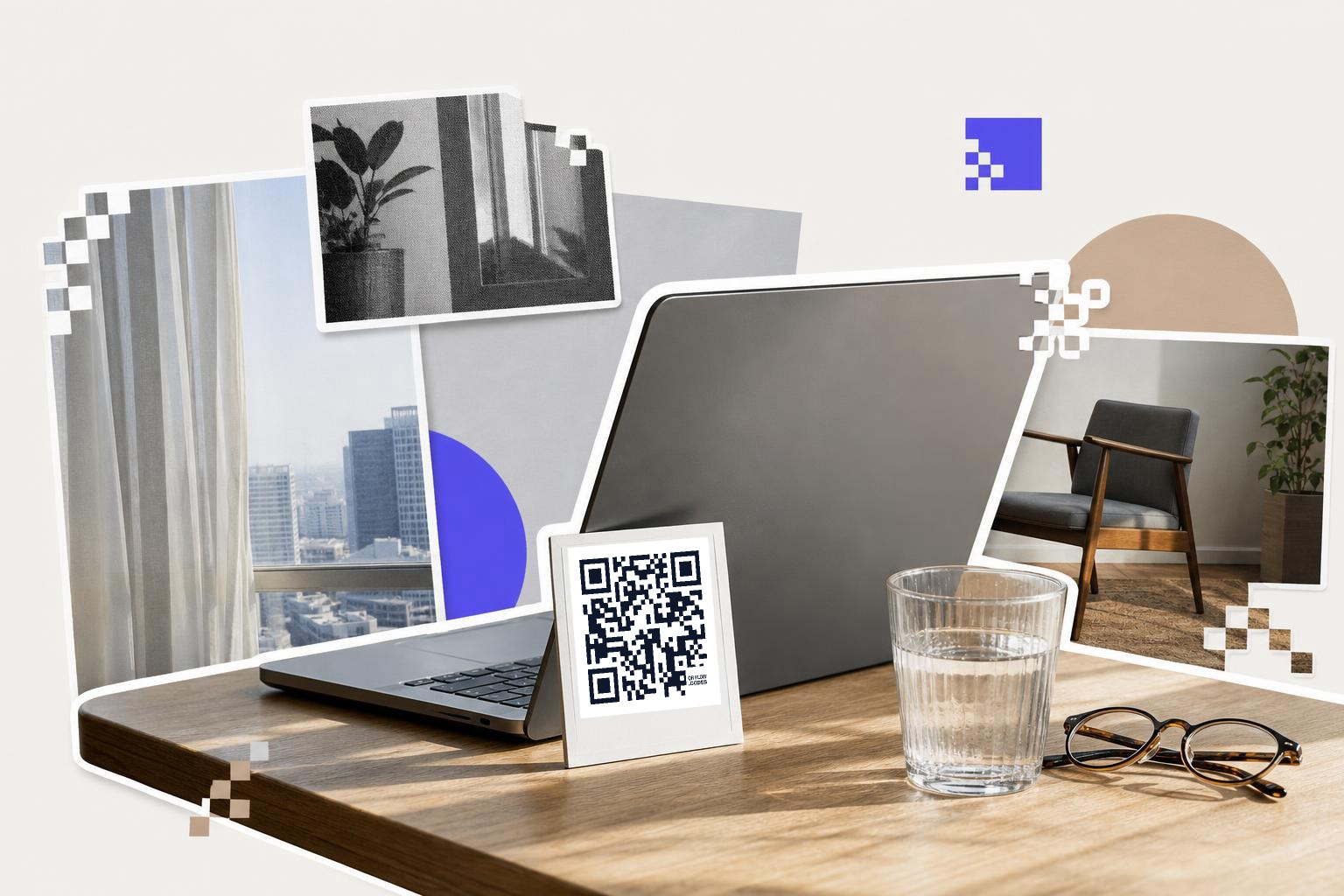 Laptop on wooden table with QR code card, glass of water, and eyeglasses, city view in background.