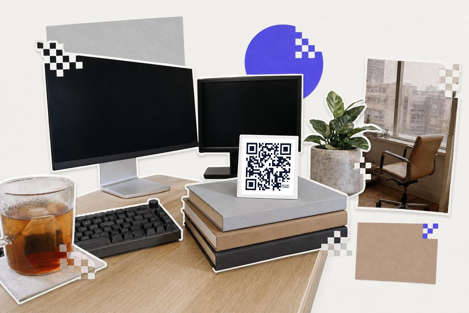 Office desk with monitors, keyboard, books, a QR code card, tea, plant, and window view.
