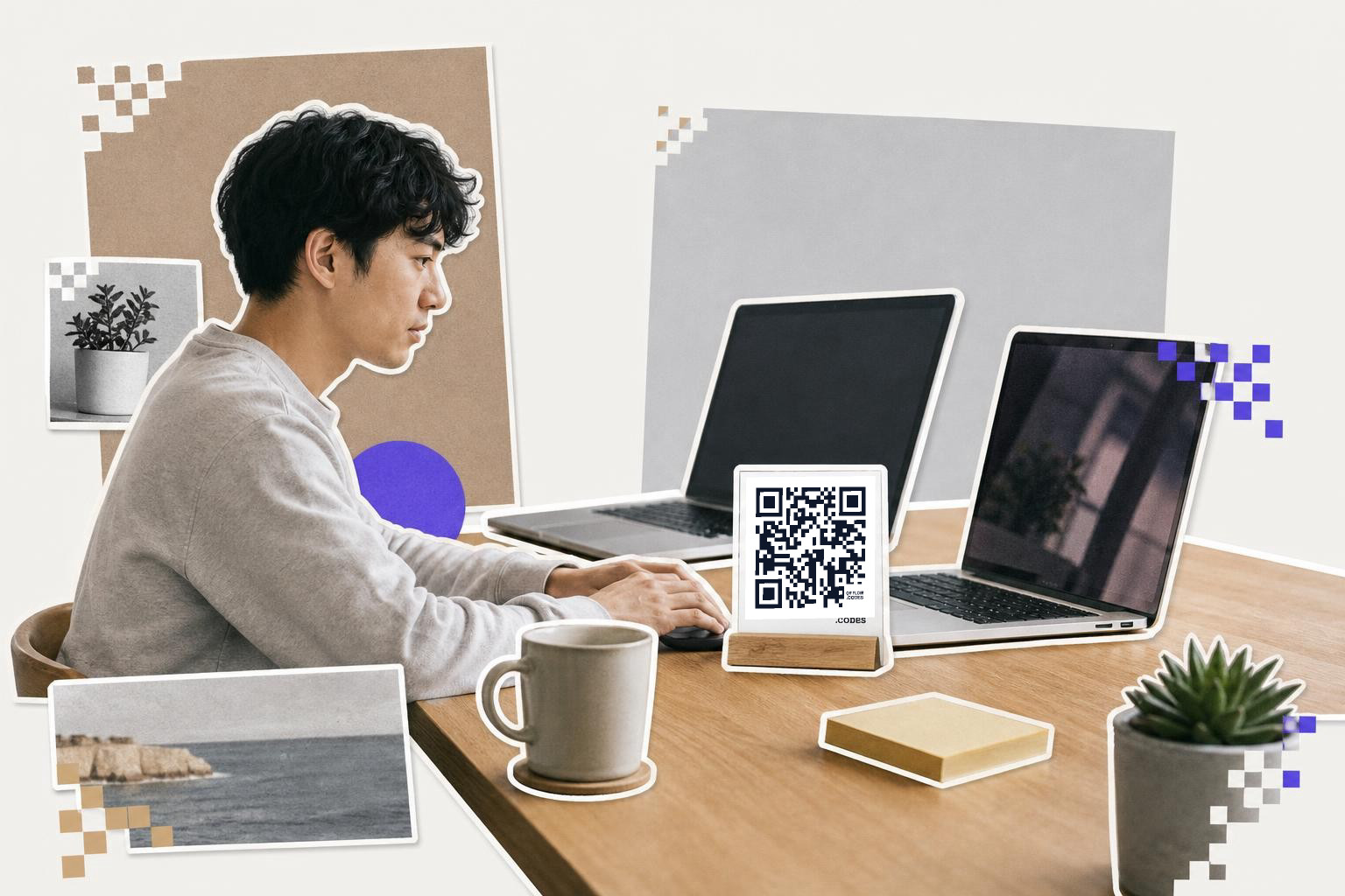 Person working on a laptop at a desk with a QR code card and plants nearby.