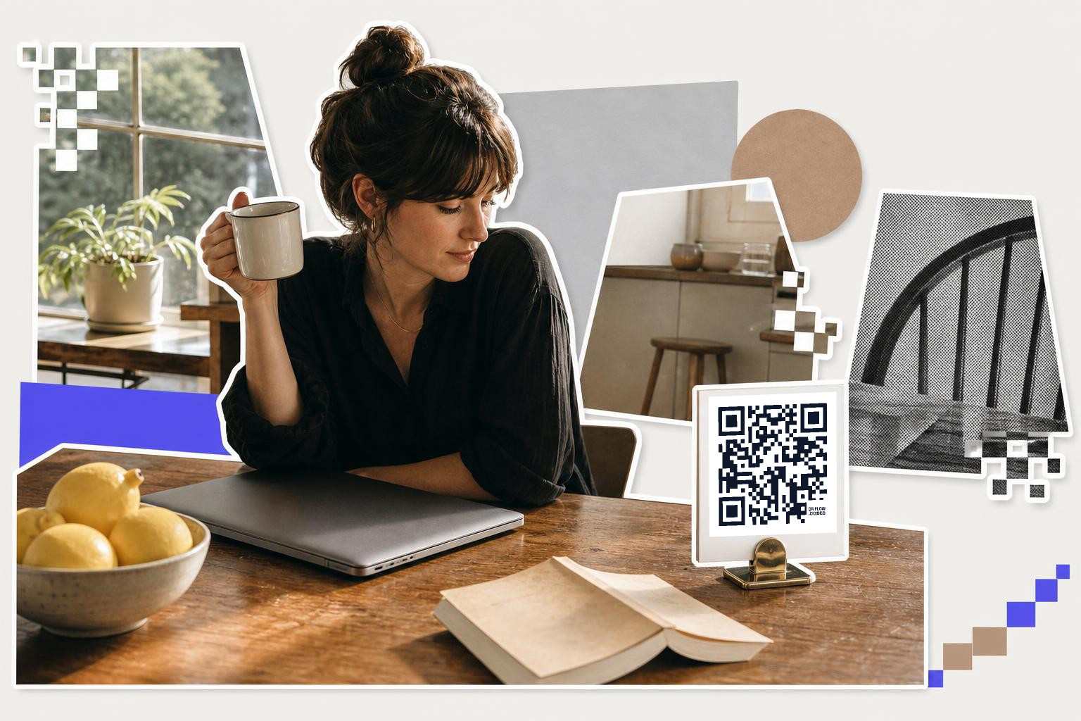 Woman holding a mug at a table with a laptop, lemons, book, and QR code card.