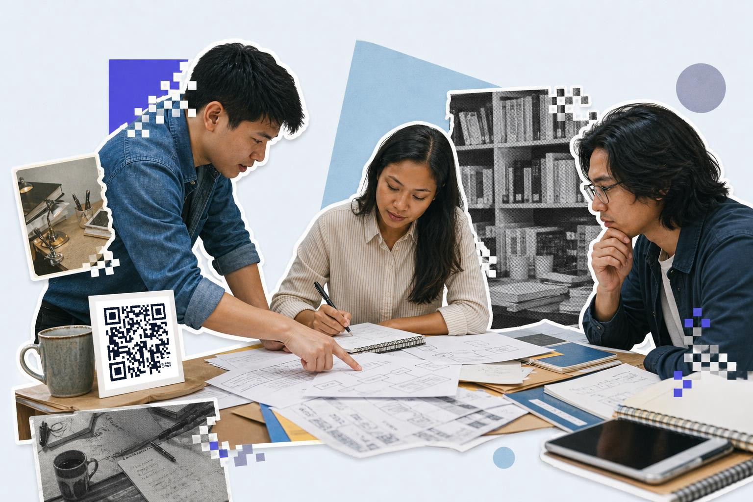 Three people collaborating at a table with documents and a QR code card nearby.