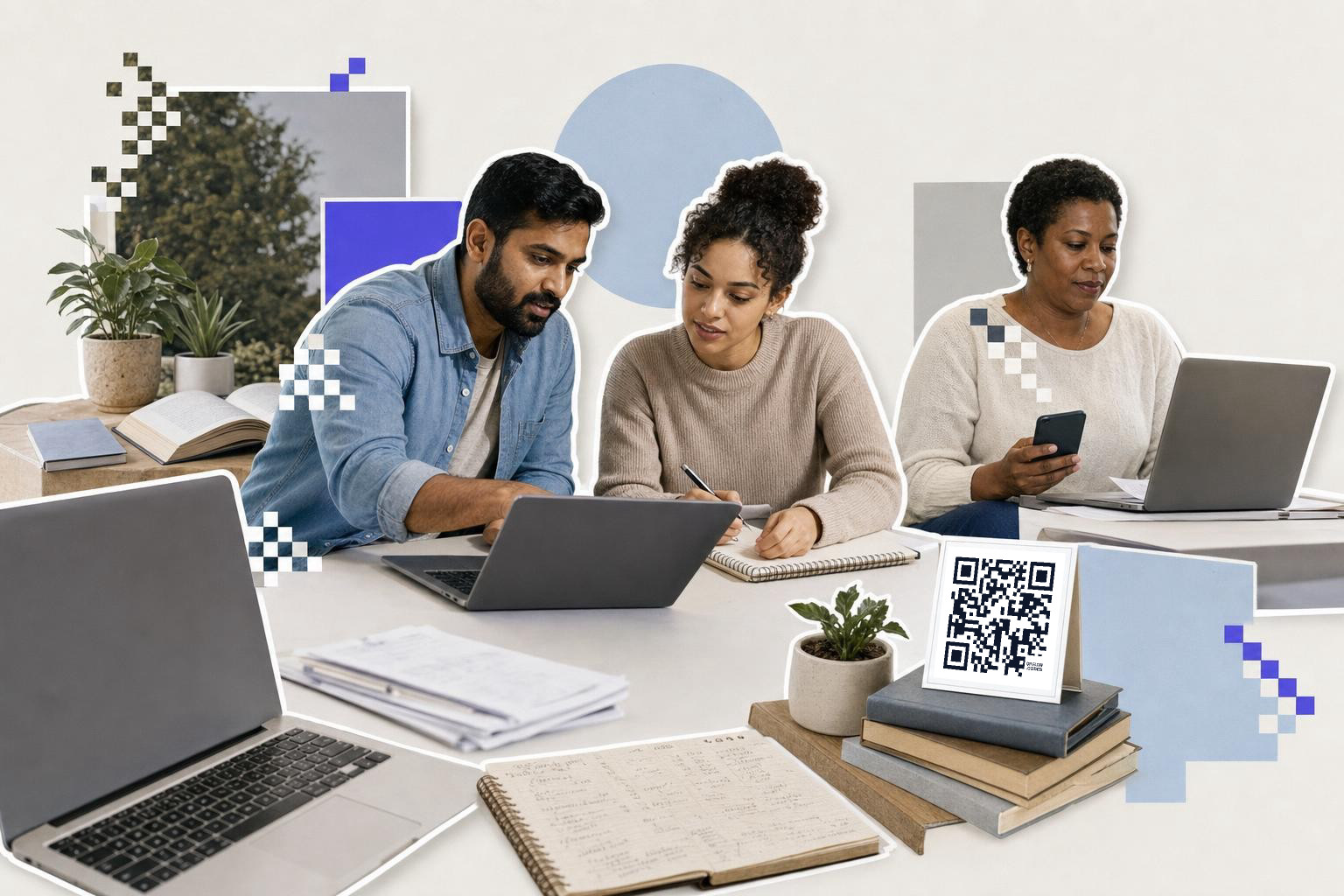 Three people collaborating at a table with laptops and notebooks, QR code card labeled 'mcp github' visible.