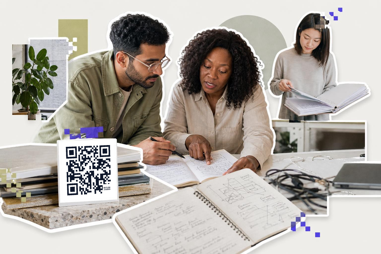 Three people reviewing documents with a QR code card on a table in an office setting.