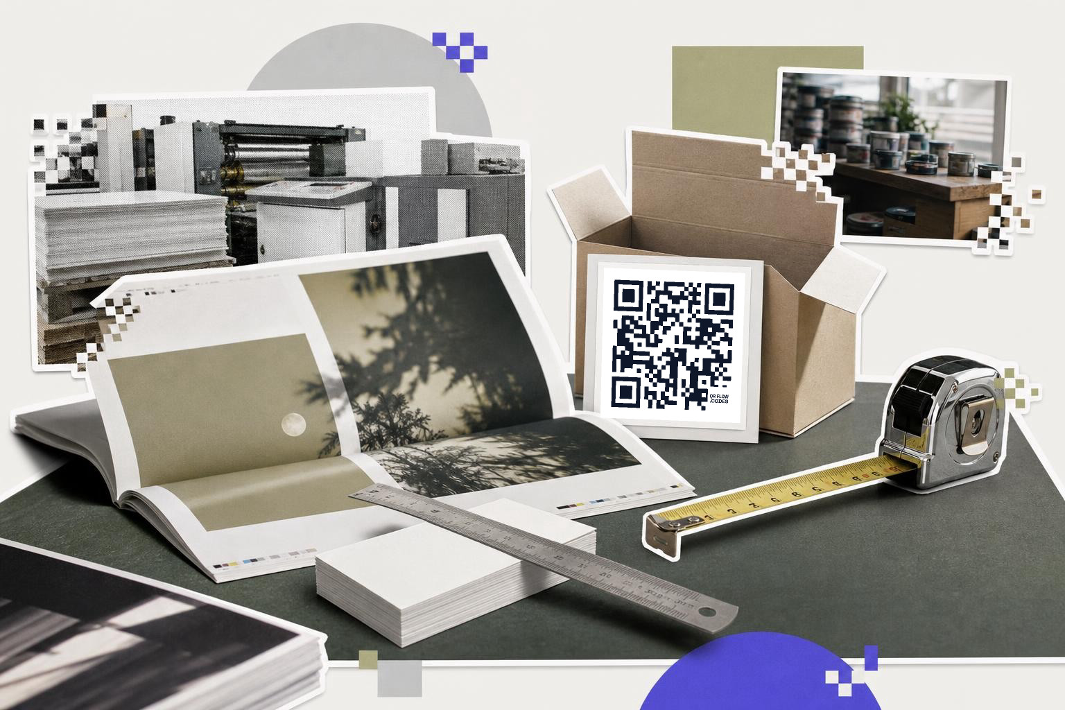 Open cardboard box with QR code, tape measure, ruler, and open book on a table.