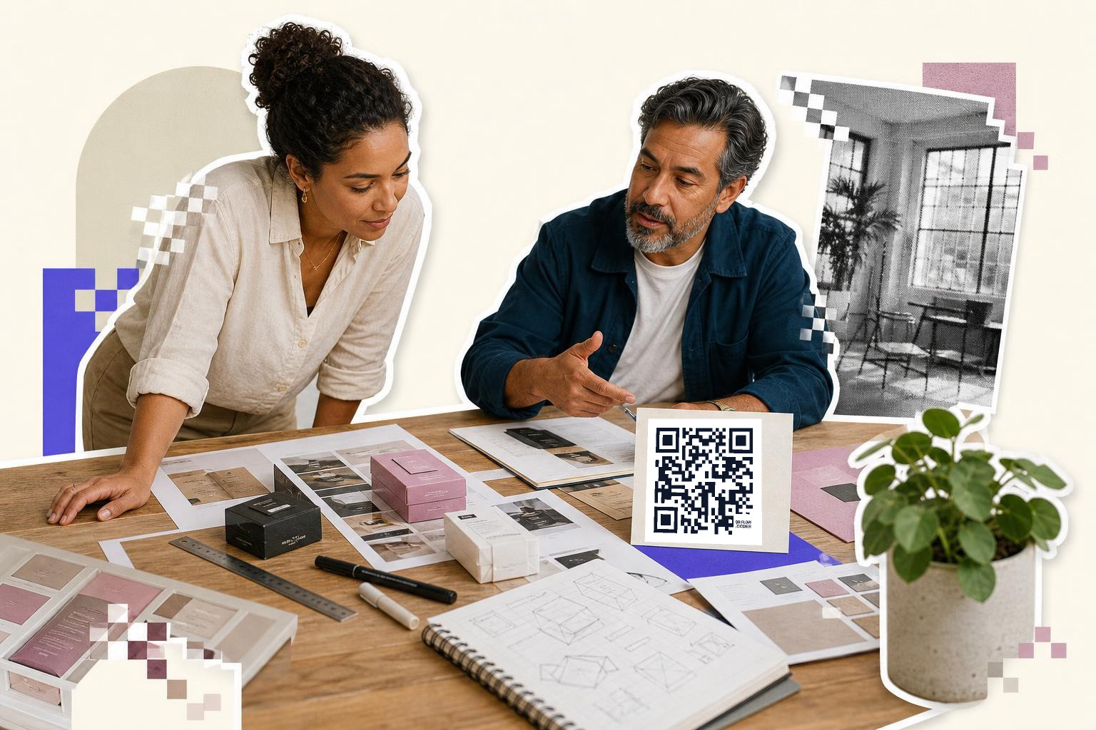 Two people discussing design plans at a table with a QR code card and plant nearby.