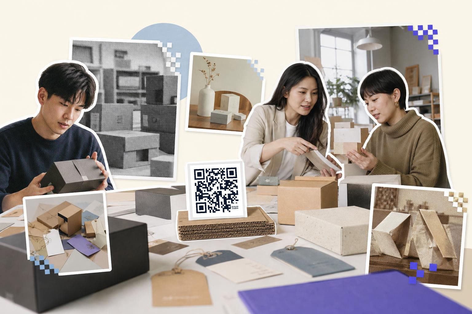 Three people examining boxes at a table with a QR code card in the center.