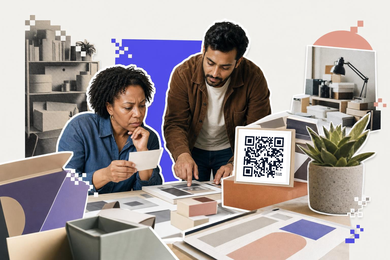 Two people examining packaging designs with a qr code on a card nearby in a creative workspace, qr code with logo in mid