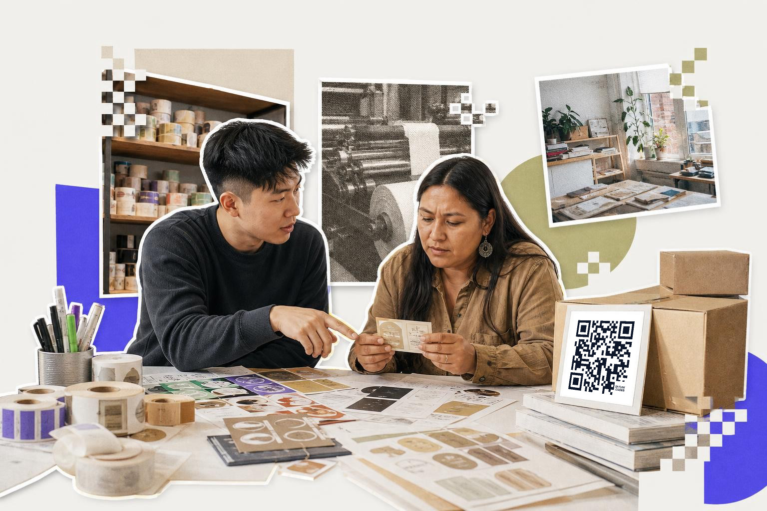 Two people examining printed materials at a table with a QR code on stacked boxes.