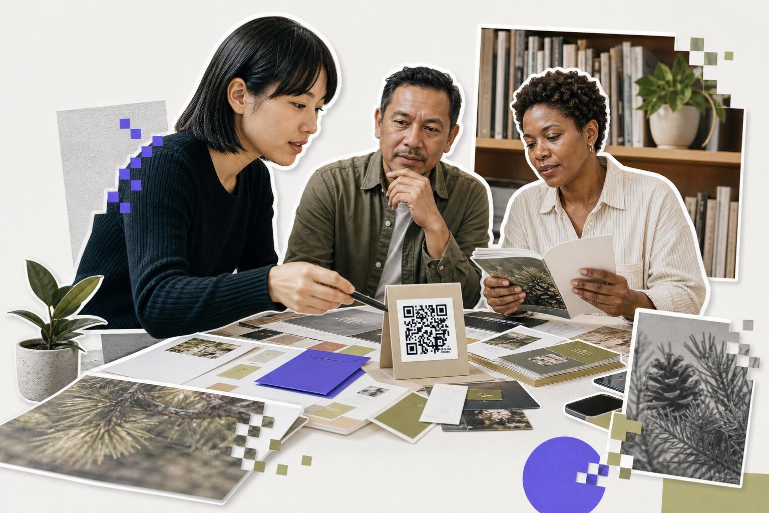 Three people at a table reviewing materials with a QR code on a small stand.