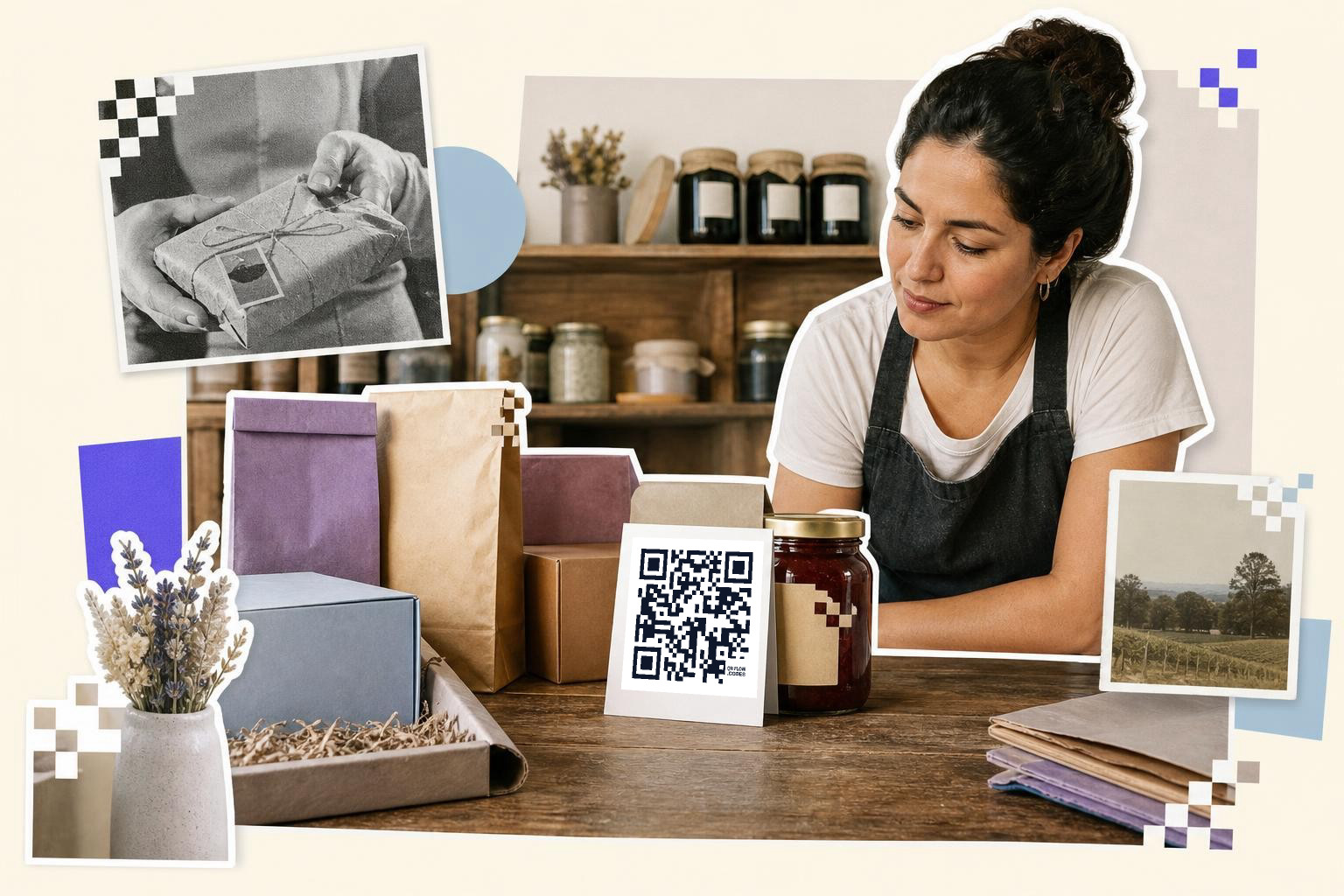 Woman in apron looks at QR code card on counter with jars and packages in a shop setting.