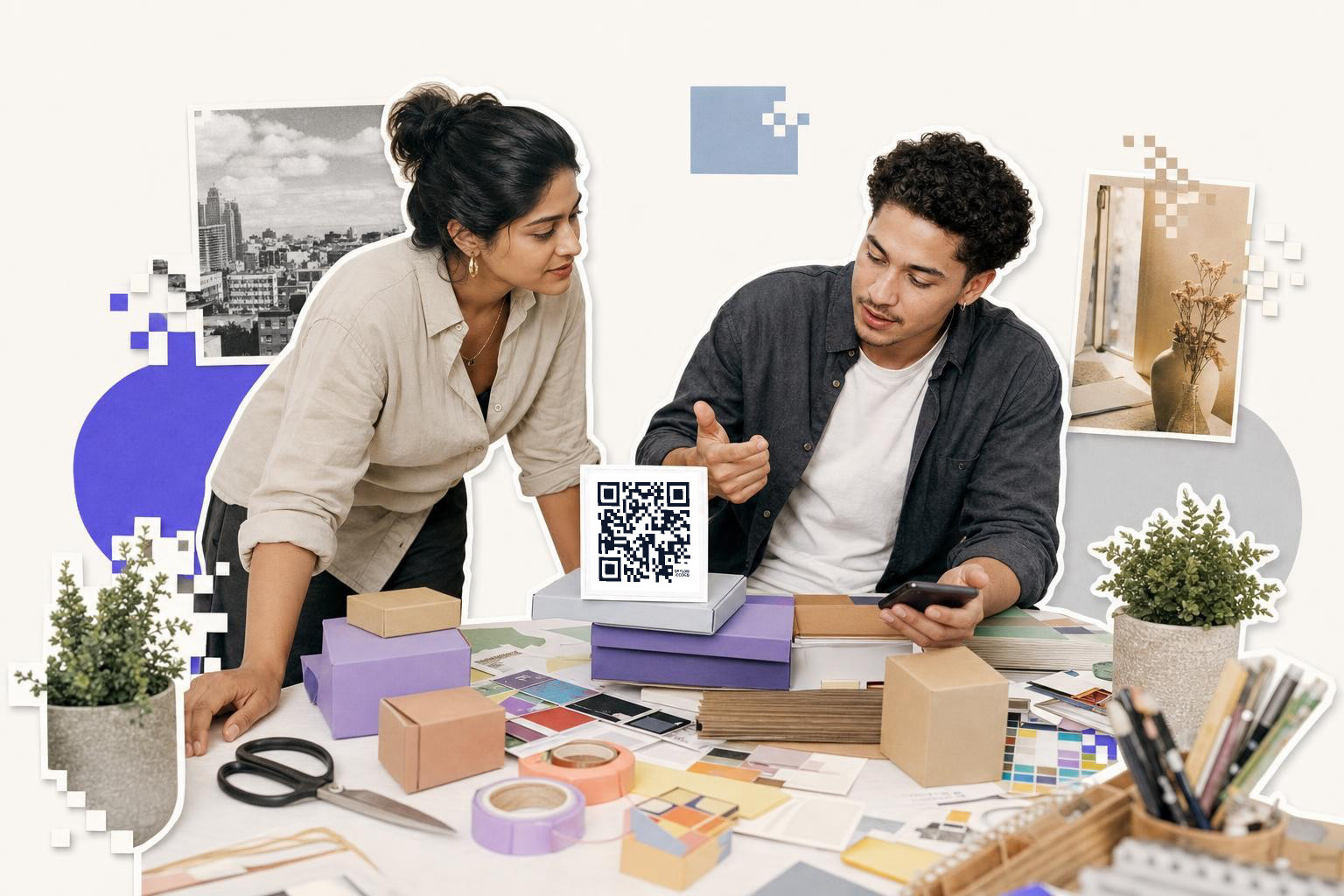 Two people discussing design ideas at a table with a QR code card and various materials.