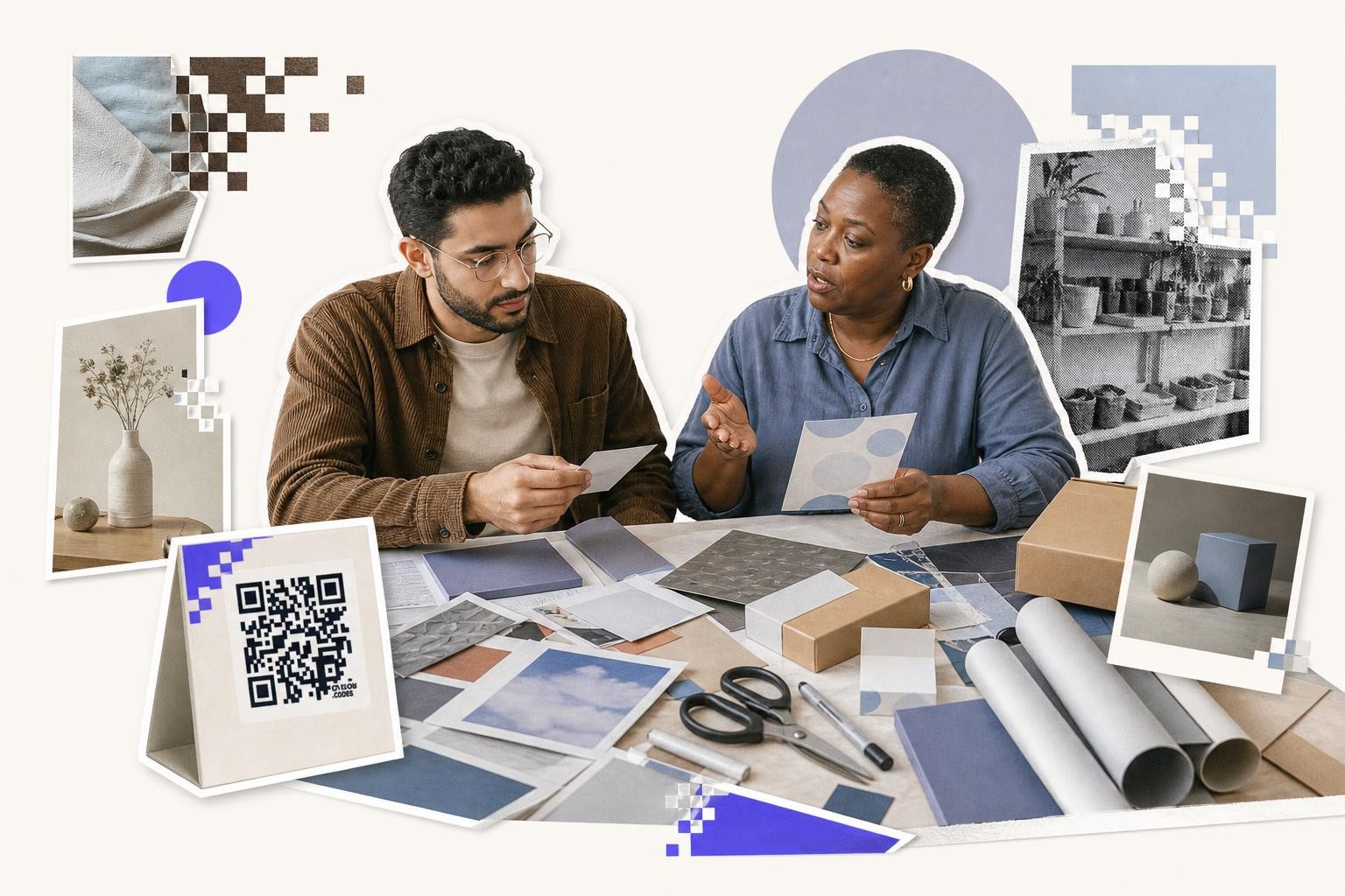 Two people discussing design samples at a table with a QR code card and various materials.