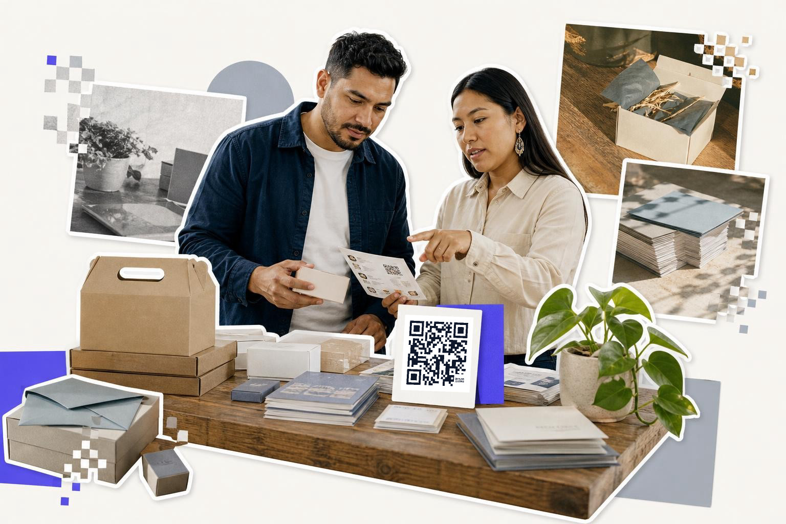 Two people examining packaging materials with a QR code card on a table.