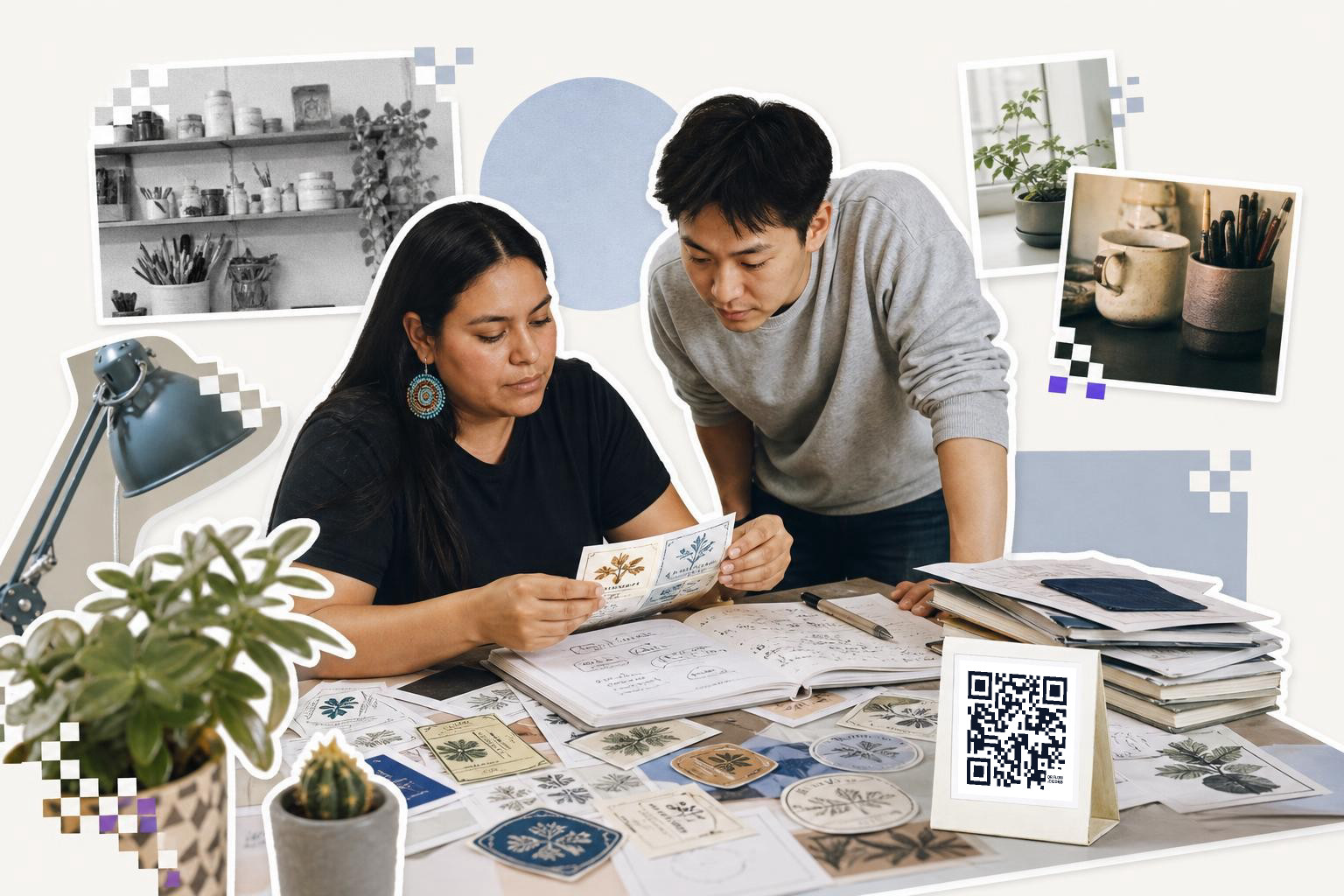 Two people reviewing botanical designs at a table with a QR code card and various plants around.