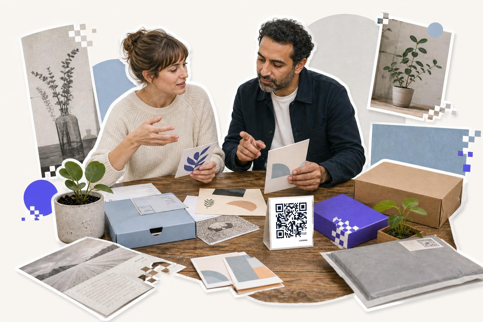 Two people sitting at a table discussing cards with a QR code on a stand nearby.
