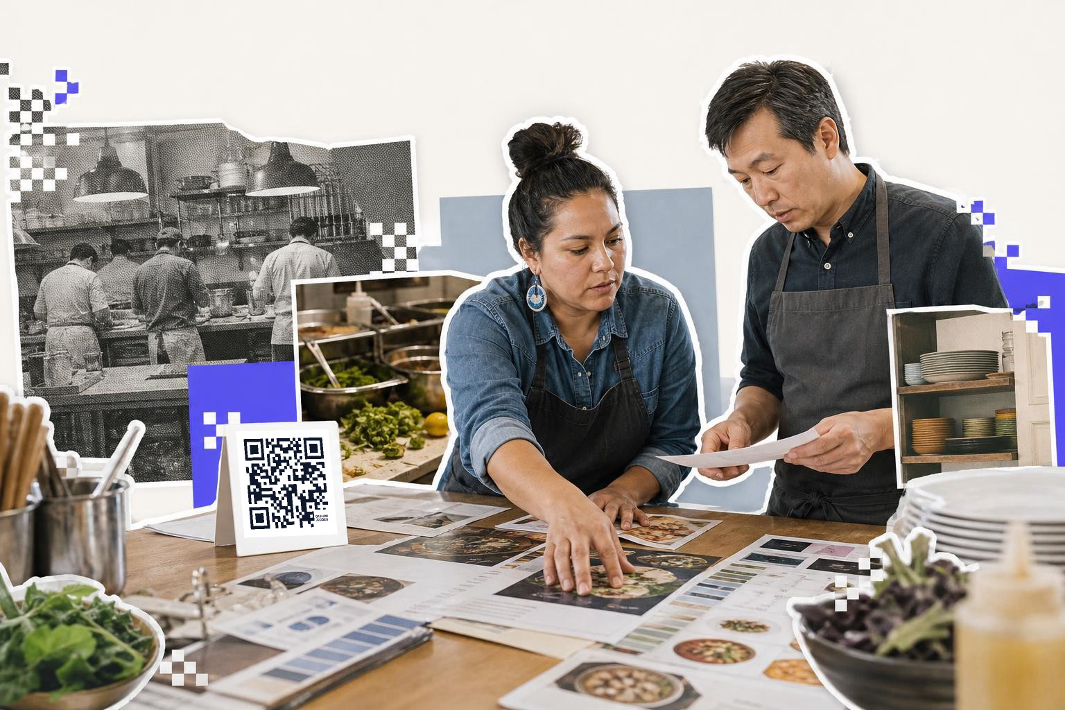 Two people in aprons review food photos at a table with a QR code nearby.