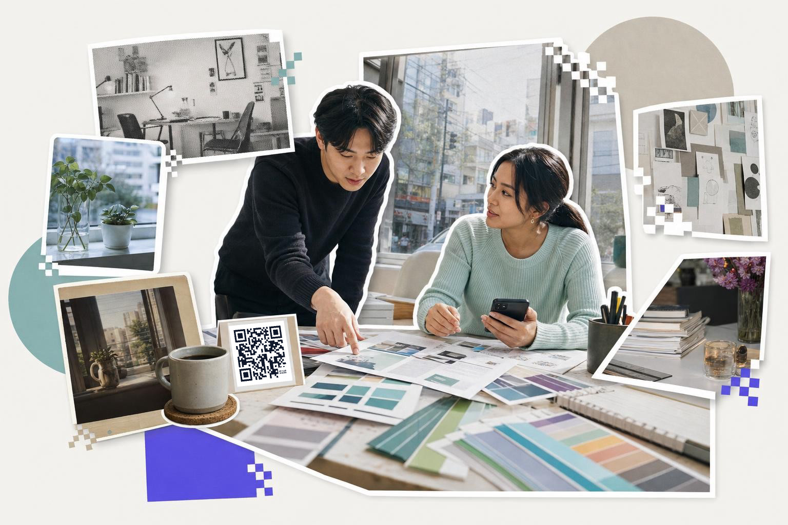 Two people discuss design plans at a table with a QR code card and color swatches, using Adobe QR code generator.