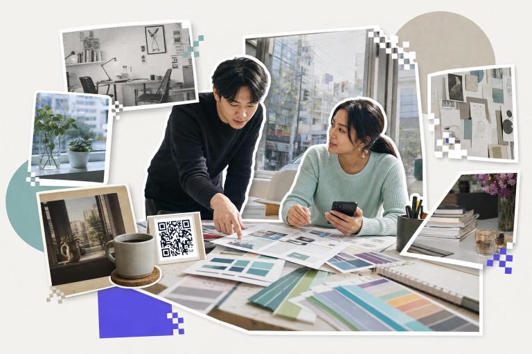 Two people discuss design plans at a table with a QR code card and color swatches, using Adobe QR code generator.