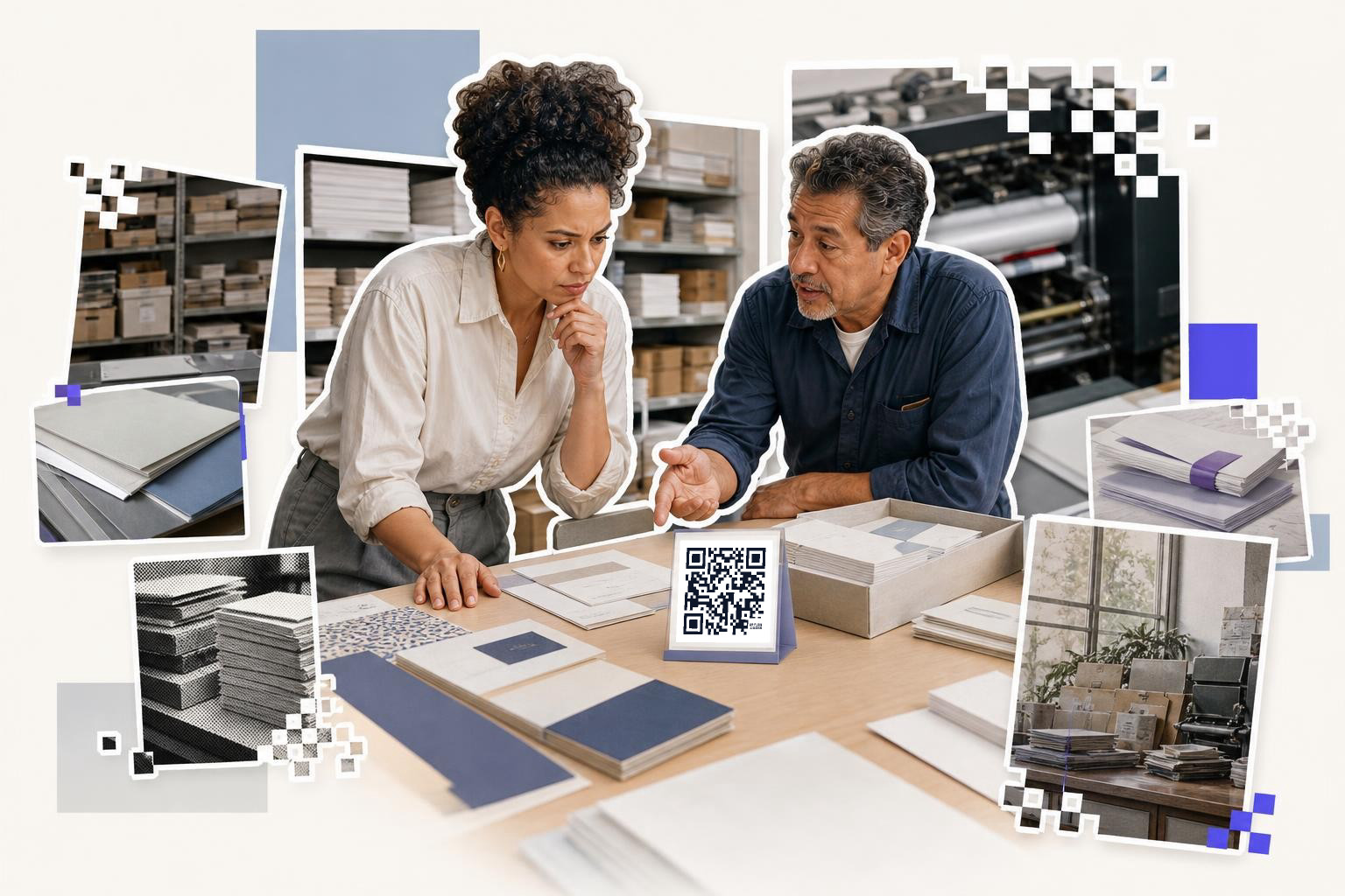 Two people discussing paper samples at a table with a QR code card in a print shop.