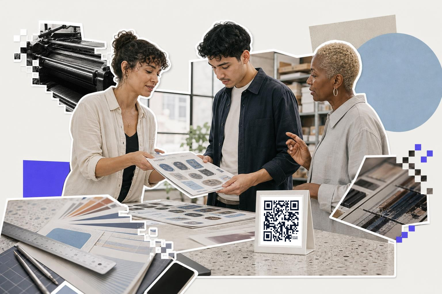 Three people discussing print designs at a table with a QR code card displayed.