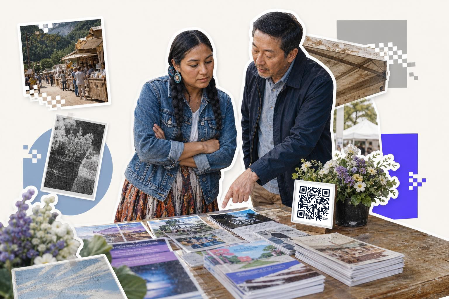 Two people examining brochures on a table with a QR code and flowers nearby.